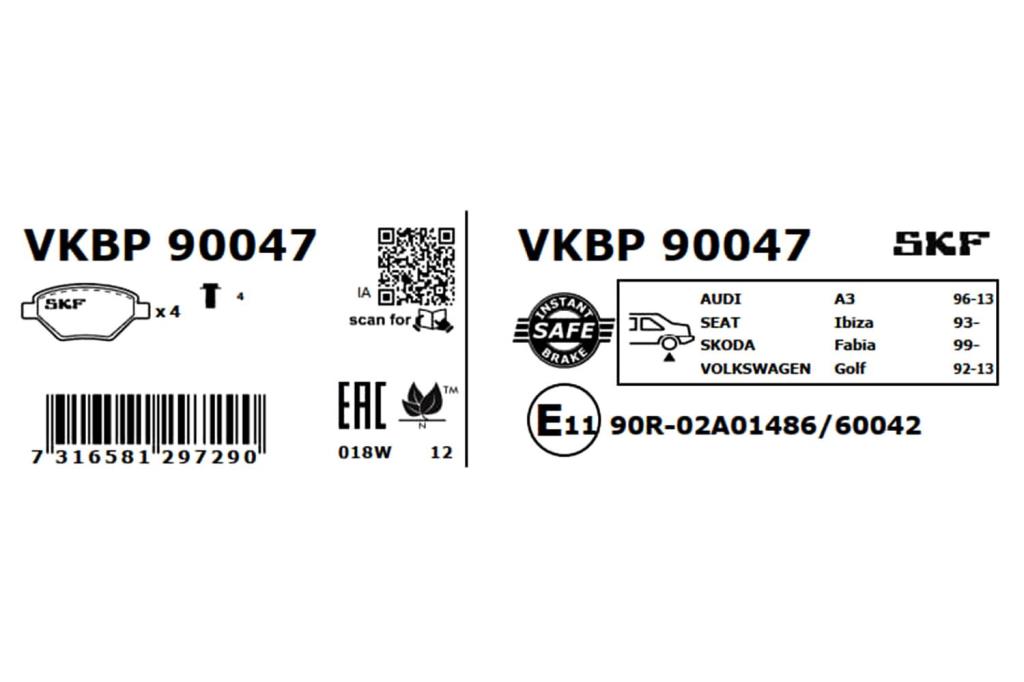 Jeu de 4 plaquettes de frein SKF ref. VKBP 90047